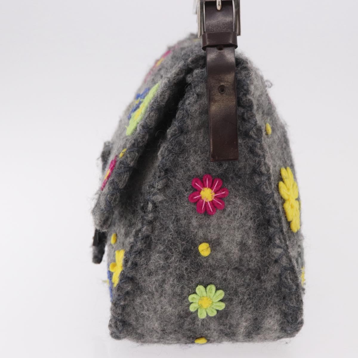 FENDI Floral Mamma Baguette Shoulder Bag Felt Gray Silver Auth 185390SAM