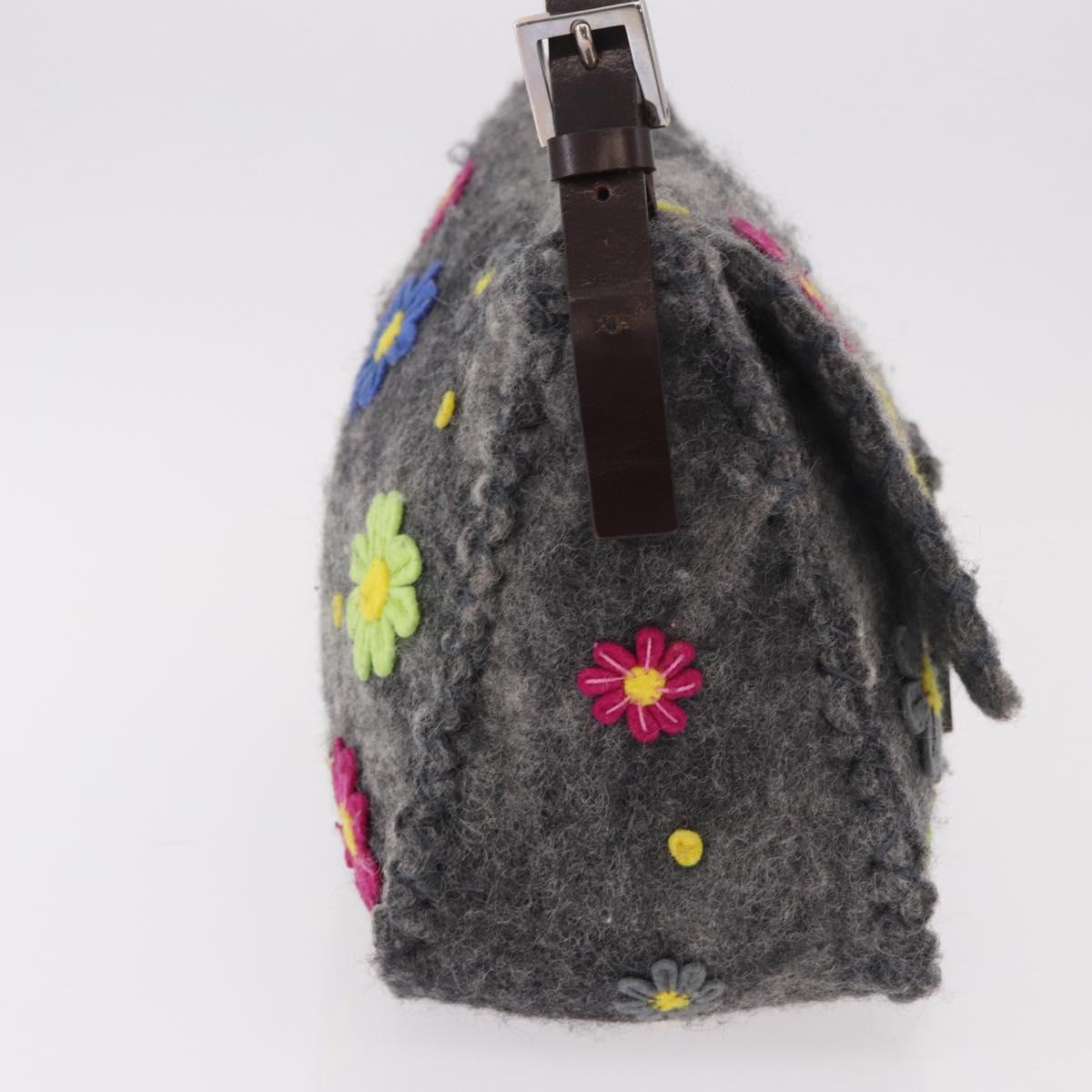 FENDI Floral Mamma Baguette Shoulder Bag Felt Gray Silver Auth 185390SAM