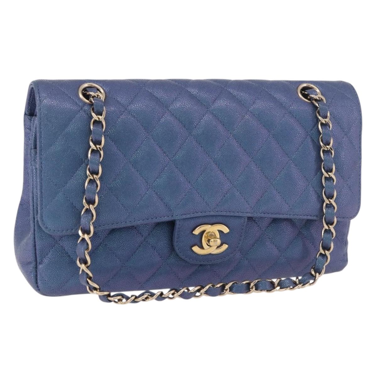 CHANEL Chain Matelasse 25 Shoulder Bag Caviar Skin Blue Gold CC Auth 185395SM