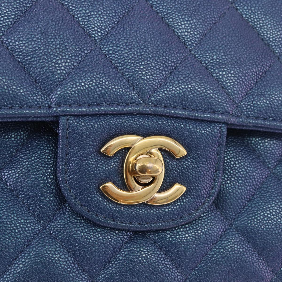 CHANEL Chain Matelasse 25 Shoulder Bag Caviar Skin Blue Gold CC Auth 185395SM