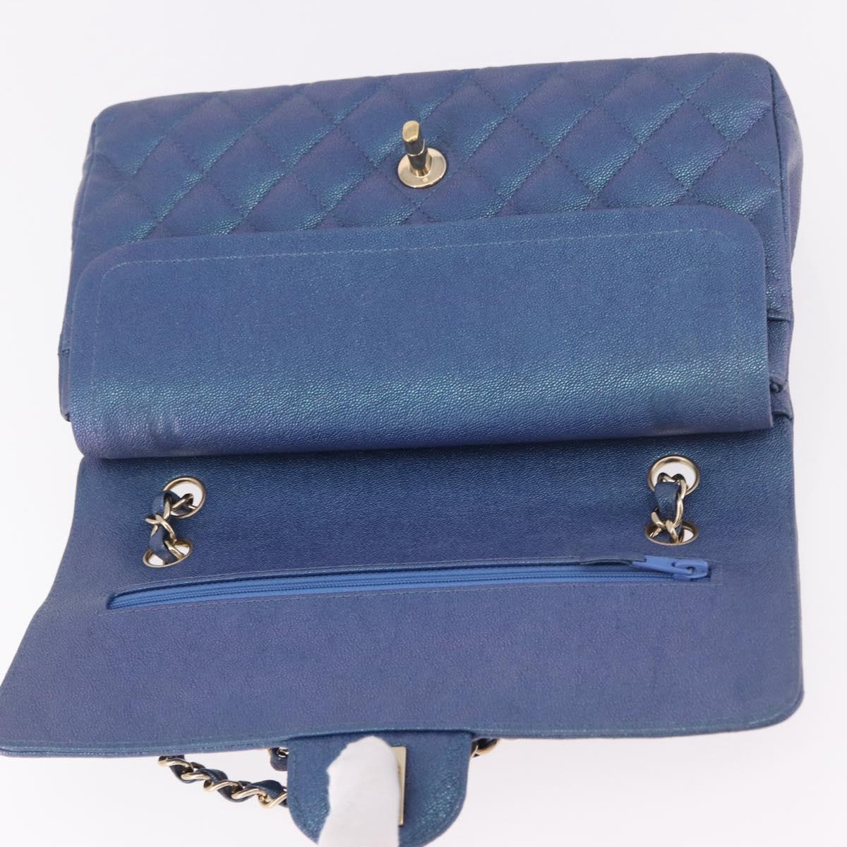 CHANEL Chain Matelasse 25 Shoulder Bag Caviar Skin Blue Gold CC Auth 185395SM