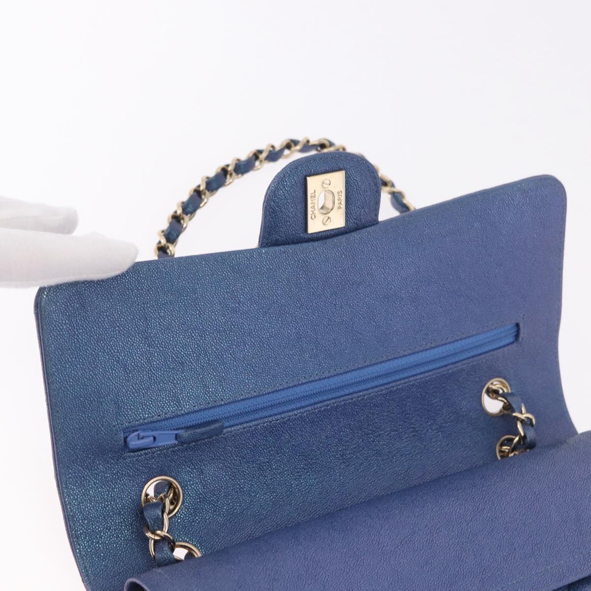 CHANEL Chain Matelasse 25 Shoulder Bag Caviar Skin Blue Gold CC Auth 185395SM