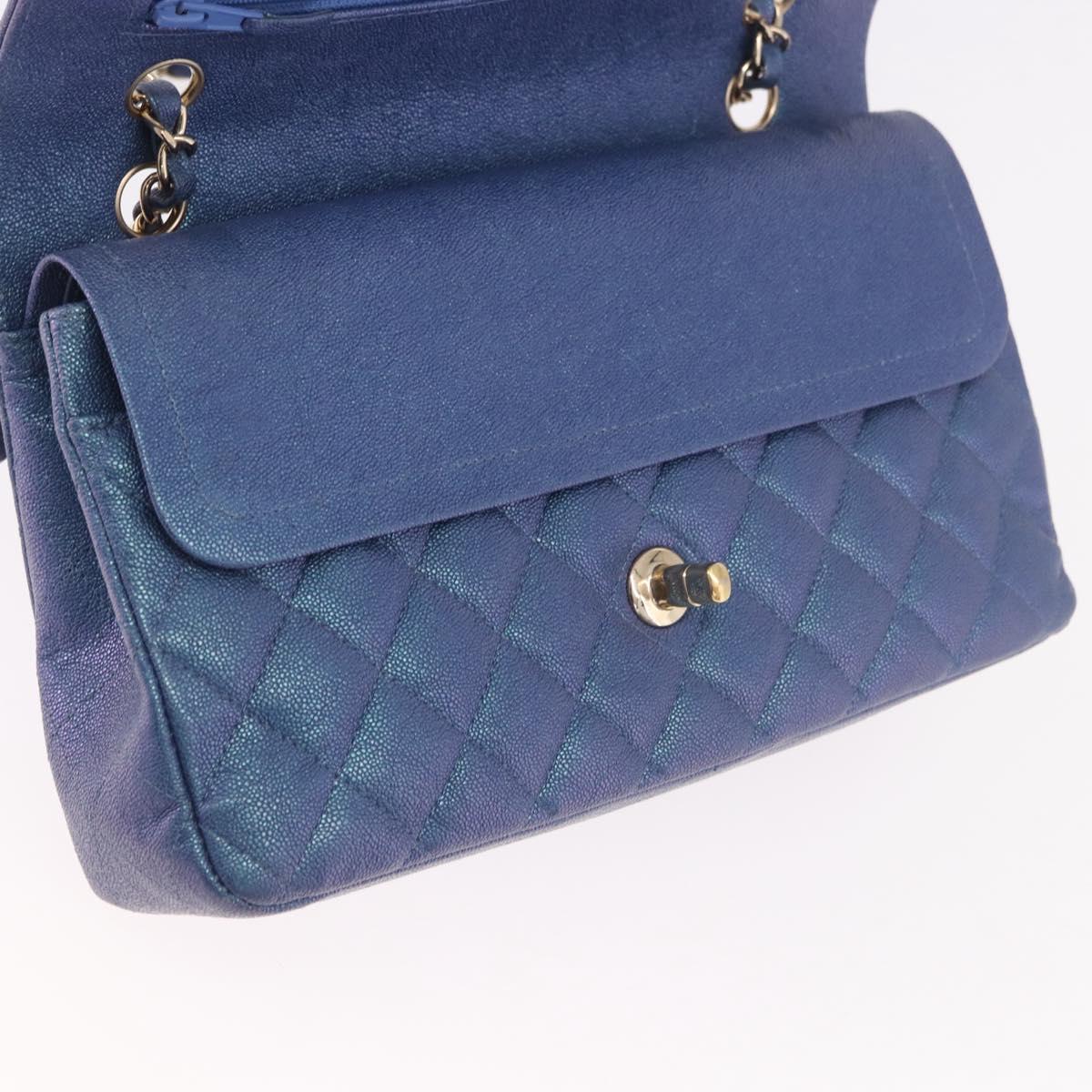 CHANEL Chain Matelasse 25 Shoulder Bag Caviar Skin Blue Gold CC Auth 185395SM