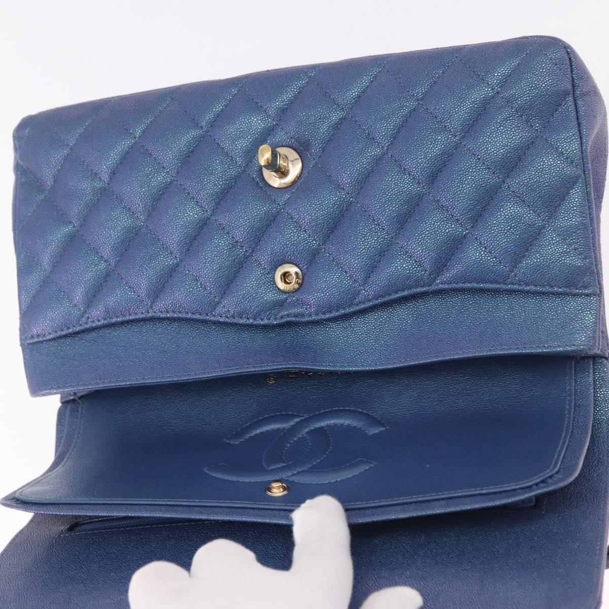 CHANEL Chain Matelasse 25 Shoulder Bag Caviar Skin Blue Gold CC Auth 185395SM