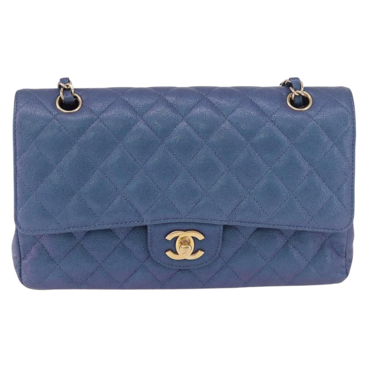CHANEL Chain Matelasse 25 Shoulder Bag Caviar Skin Blue Gold CC Auth 185395SM