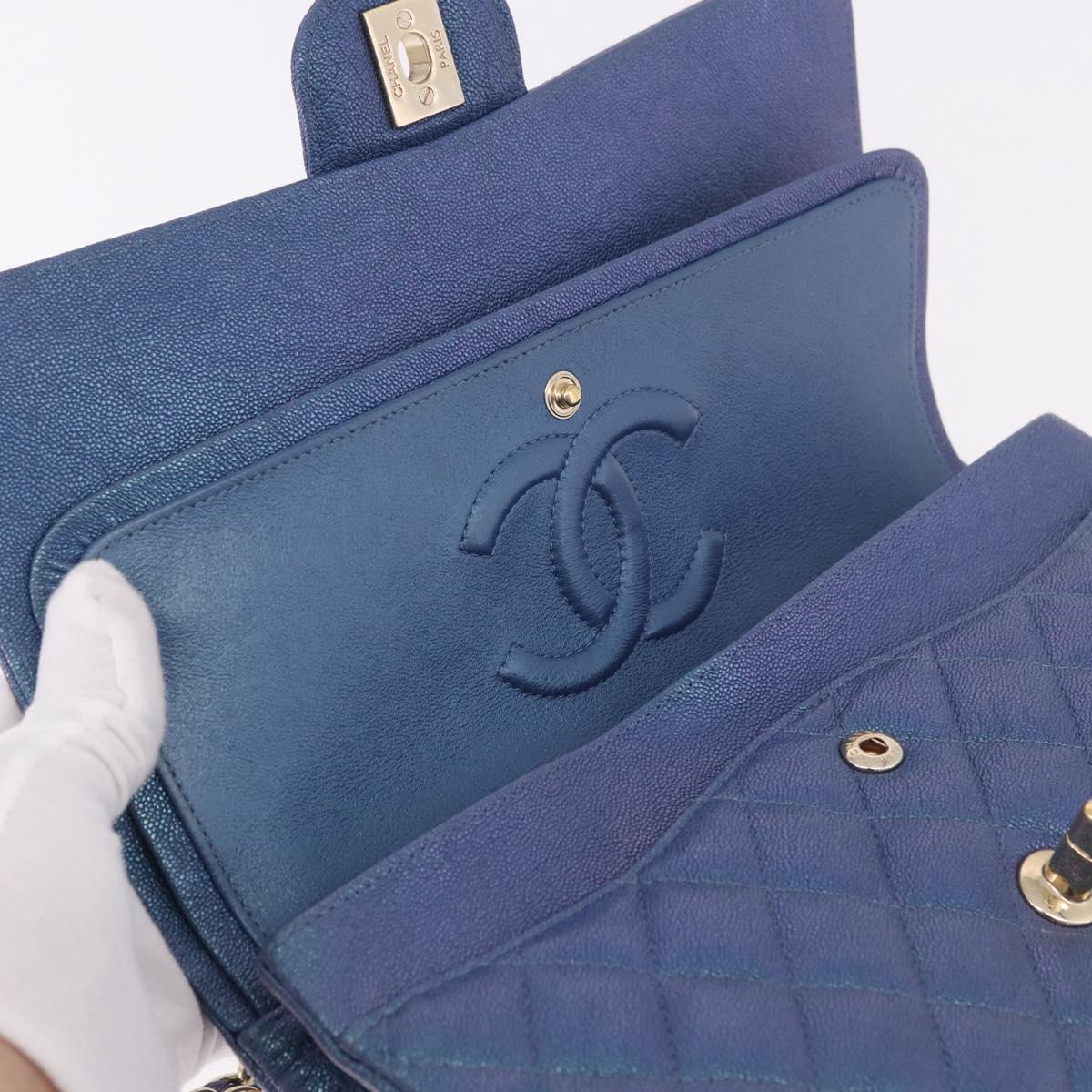 CHANEL Chain Matelasse 25 Shoulder Bag Caviar Skin Blue Gold CC Auth 185395SM