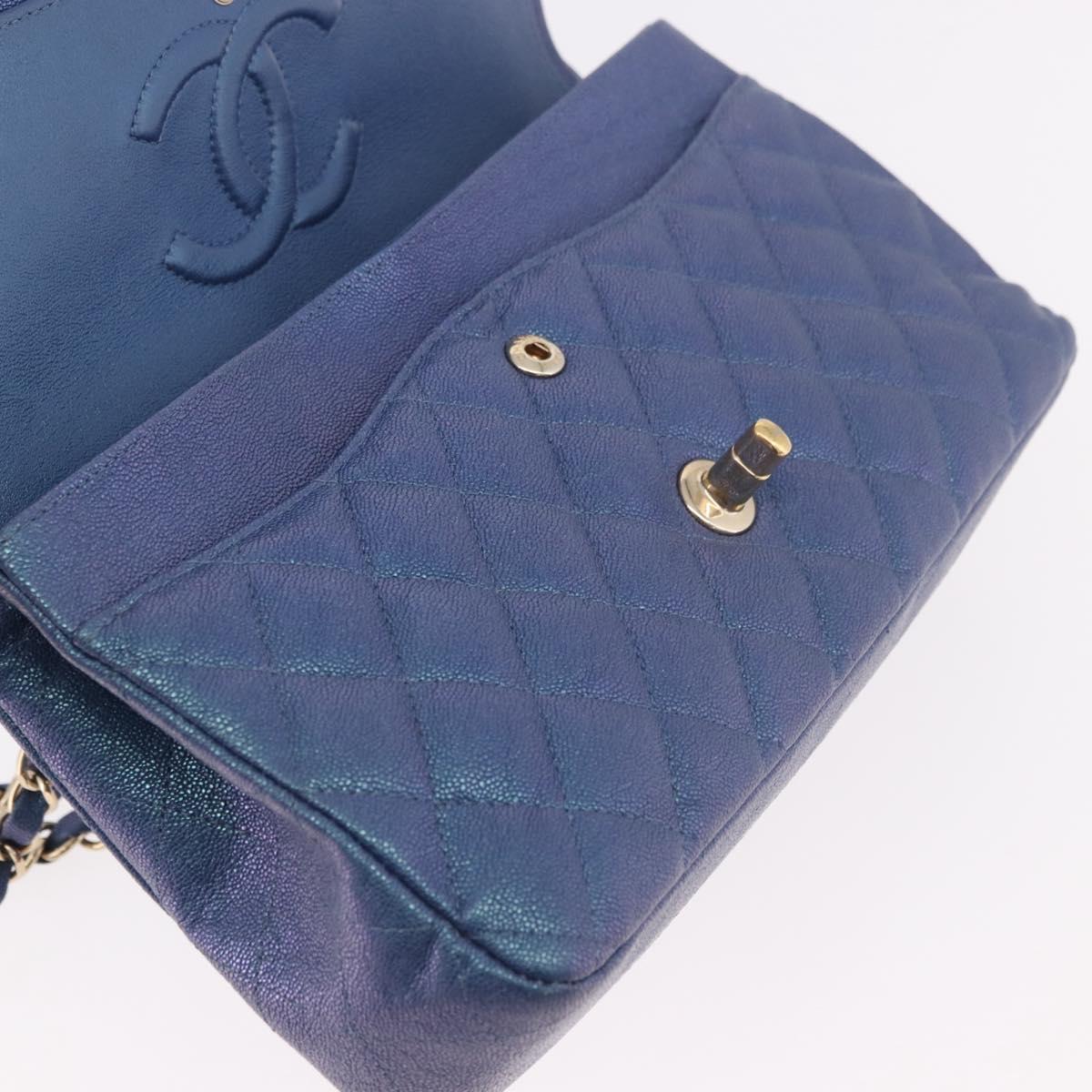 CHANEL Chain Matelasse 25 Shoulder Bag Caviar Skin Blue Gold CC Auth 185395SM