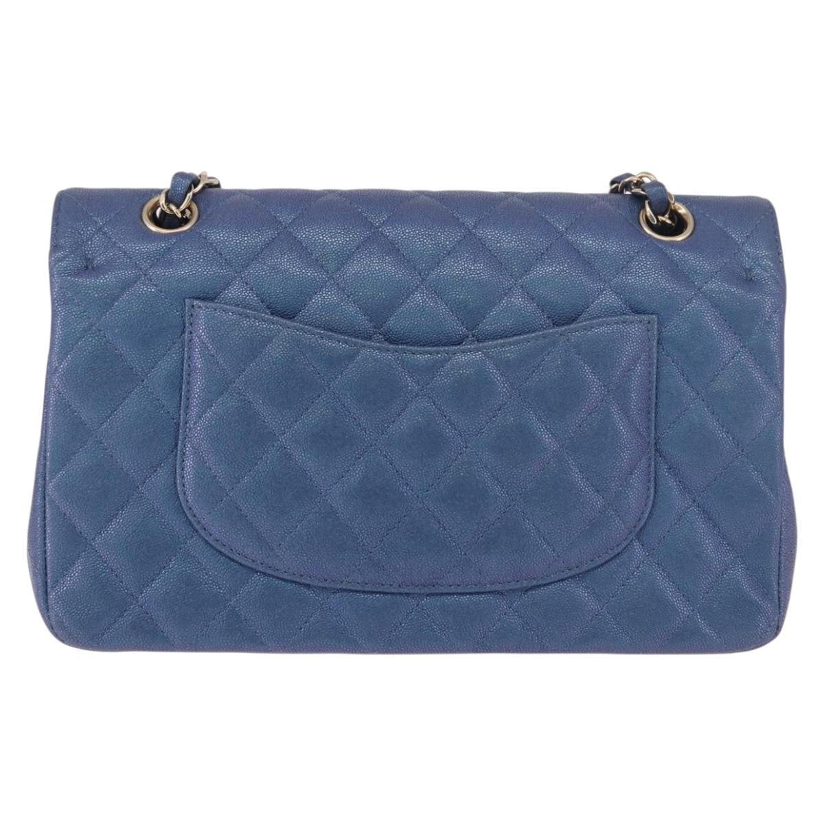 CHANEL Chain Matelasse 25 Shoulder Bag Caviar Skin Blue Gold CC Auth 185395SM