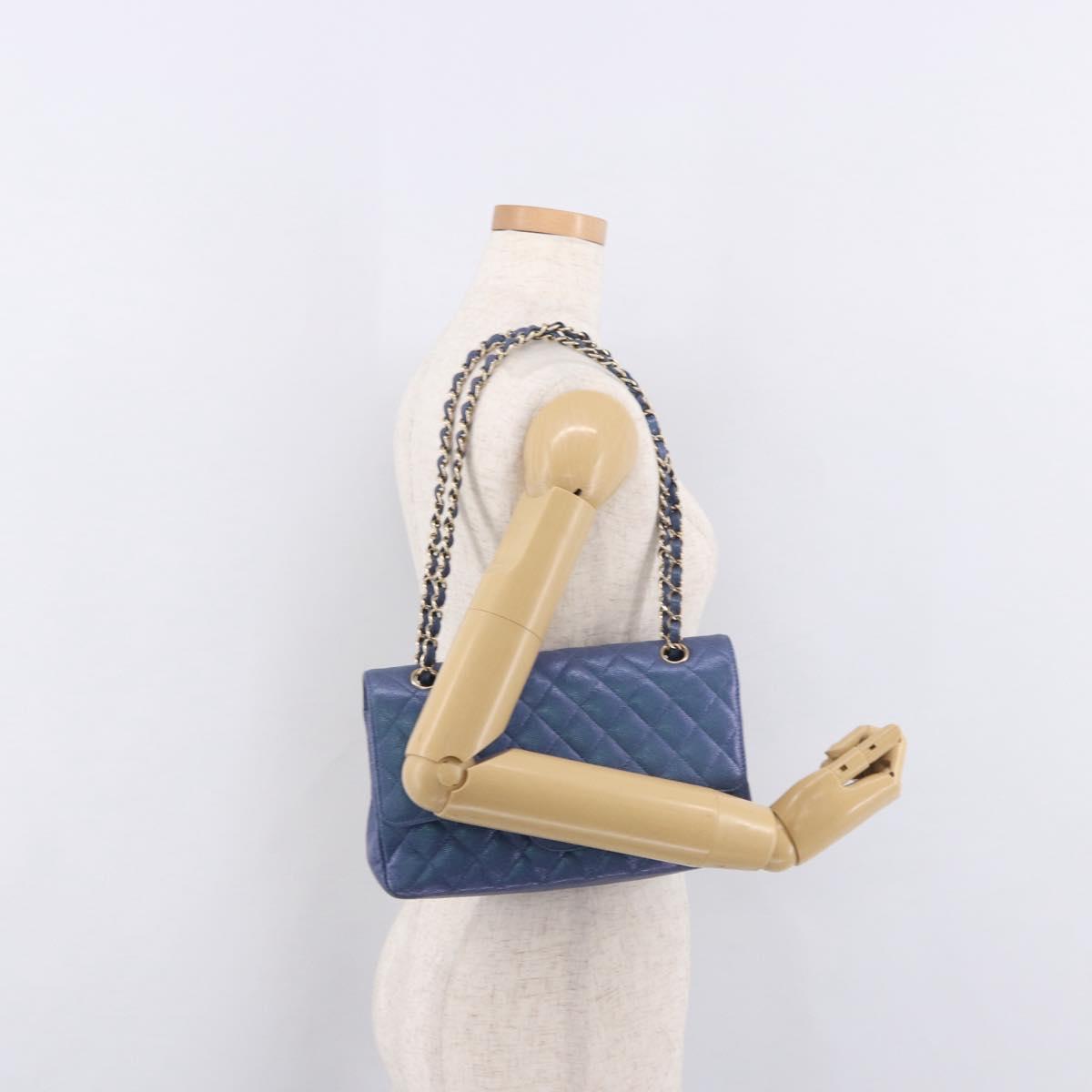 CHANEL Chain Matelasse 25 Shoulder Bag Caviar Skin Blue Gold CC Auth 185395SM