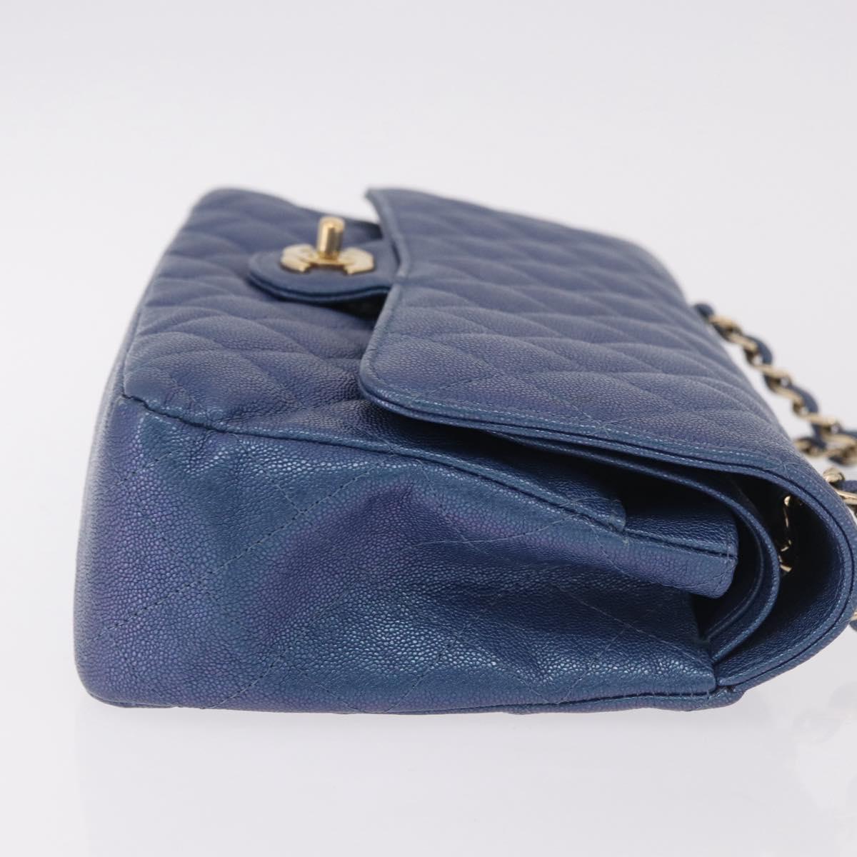 CHANEL Chain Matelasse 25 Shoulder Bag Caviar Skin Blue Gold CC Auth 185395SM