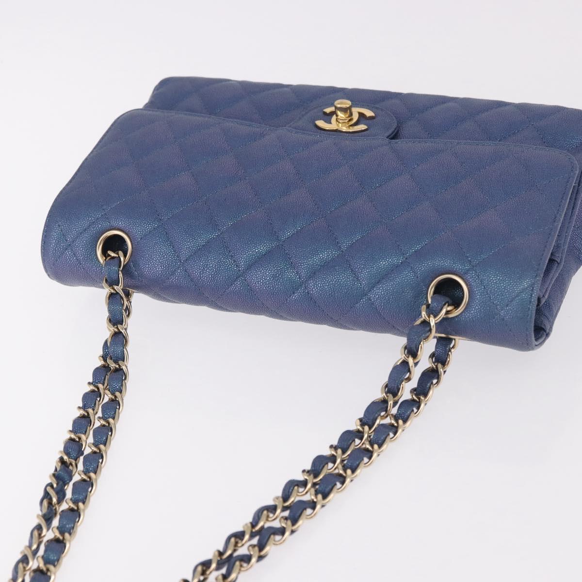 CHANEL Chain Matelasse 25 Shoulder Bag Caviar Skin Blue Gold CC Auth 185395SM