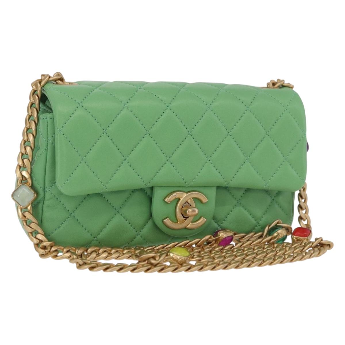 CHANEL Matelasse20 Chain Shoulder Bag Lamb Skin Green Gold CC Auth 185396SM