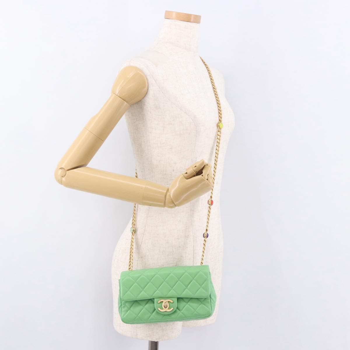 CHANEL Matelasse20 Chain Shoulder Bag Lamb Skin Green Gold CC Auth 185396SM