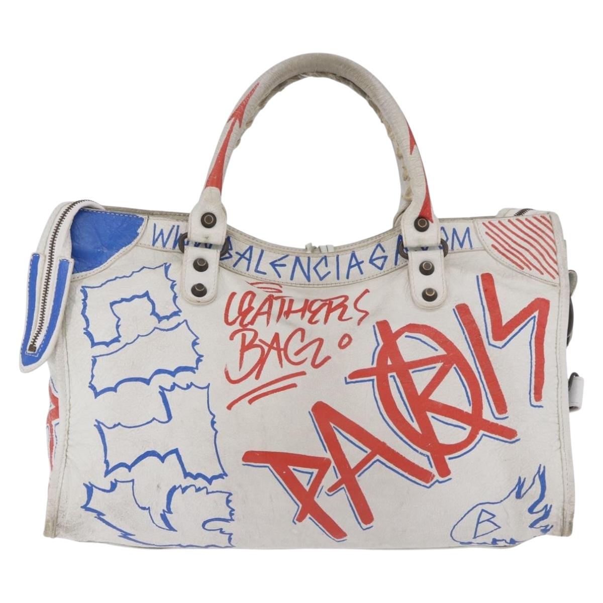 BALENCIAGA Classic Graffiti The City Hand Bag Leather 2way White Auth 185398V