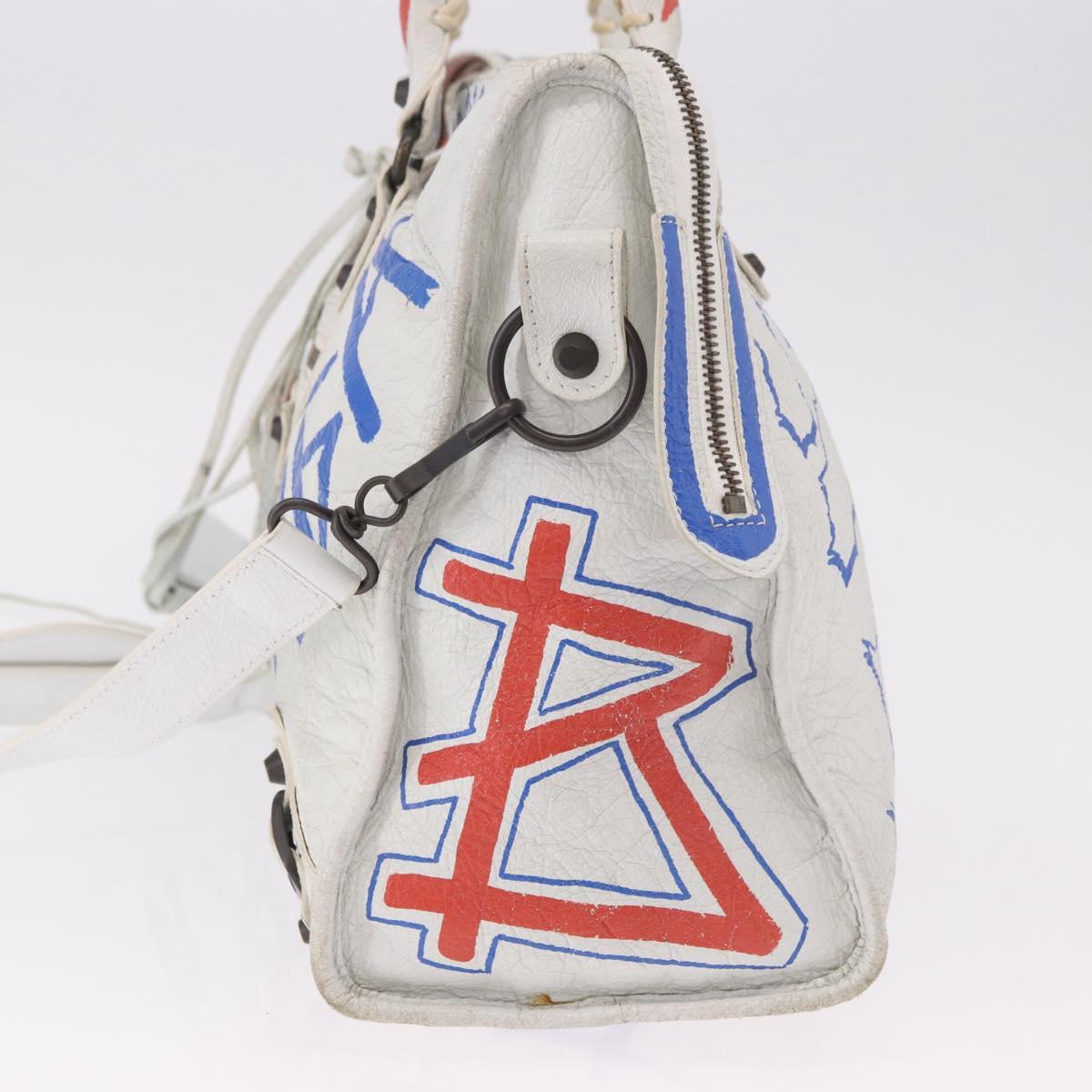 BALENCIAGA Classic Graffiti The City Hand Bag Leather 2way White Auth 185398V