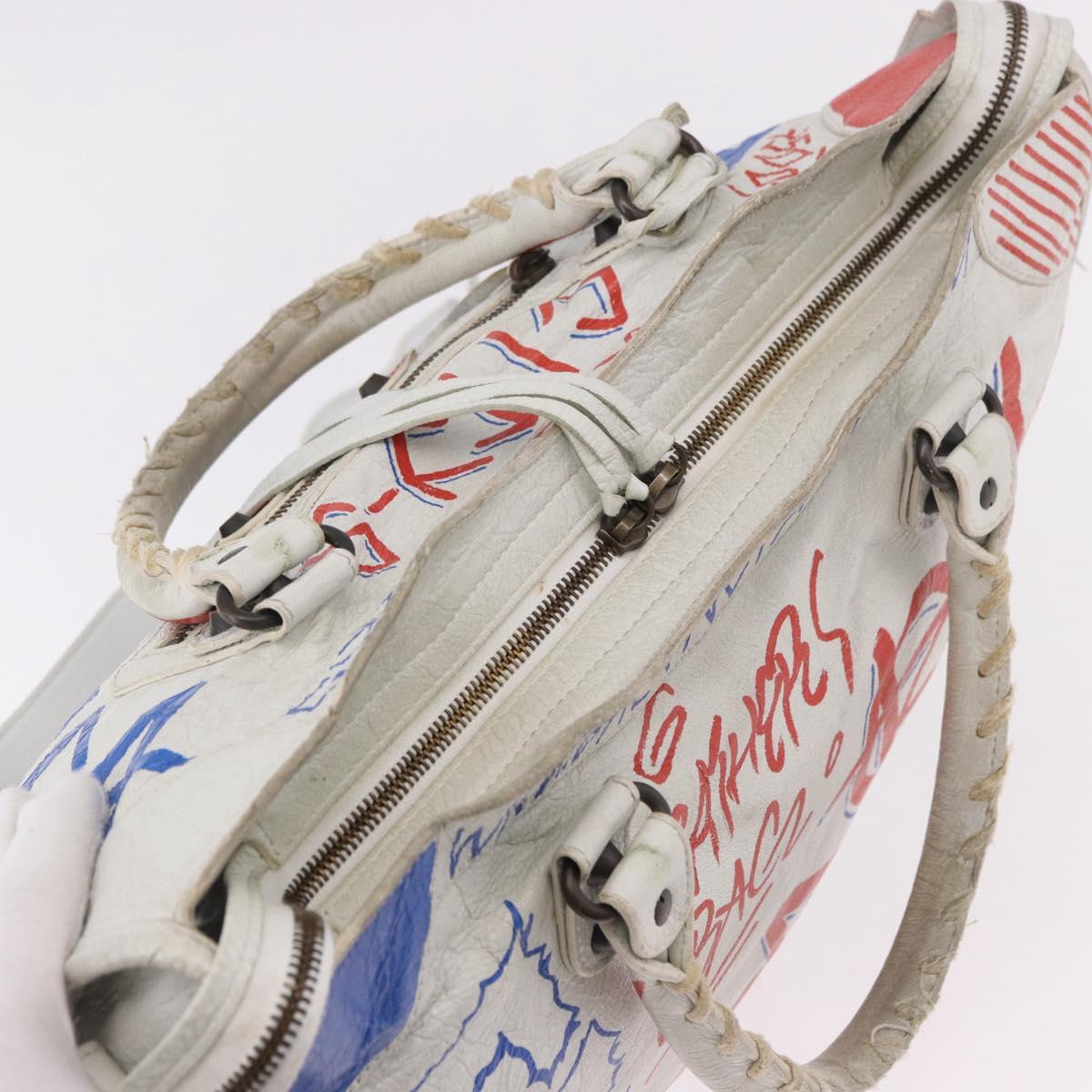 BALENCIAGA Classic Graffiti The City Hand Bag Leather 2way White Auth 185398V