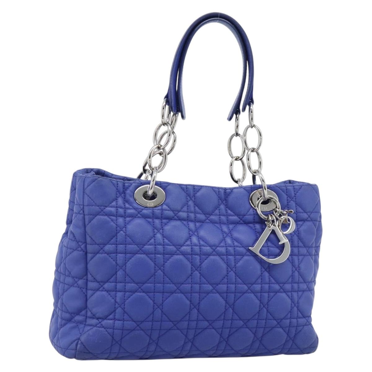 Christian Dior Canage Lady Dior Hand Bag Lamb Skin 2way Blue Silver Auth 185409V
