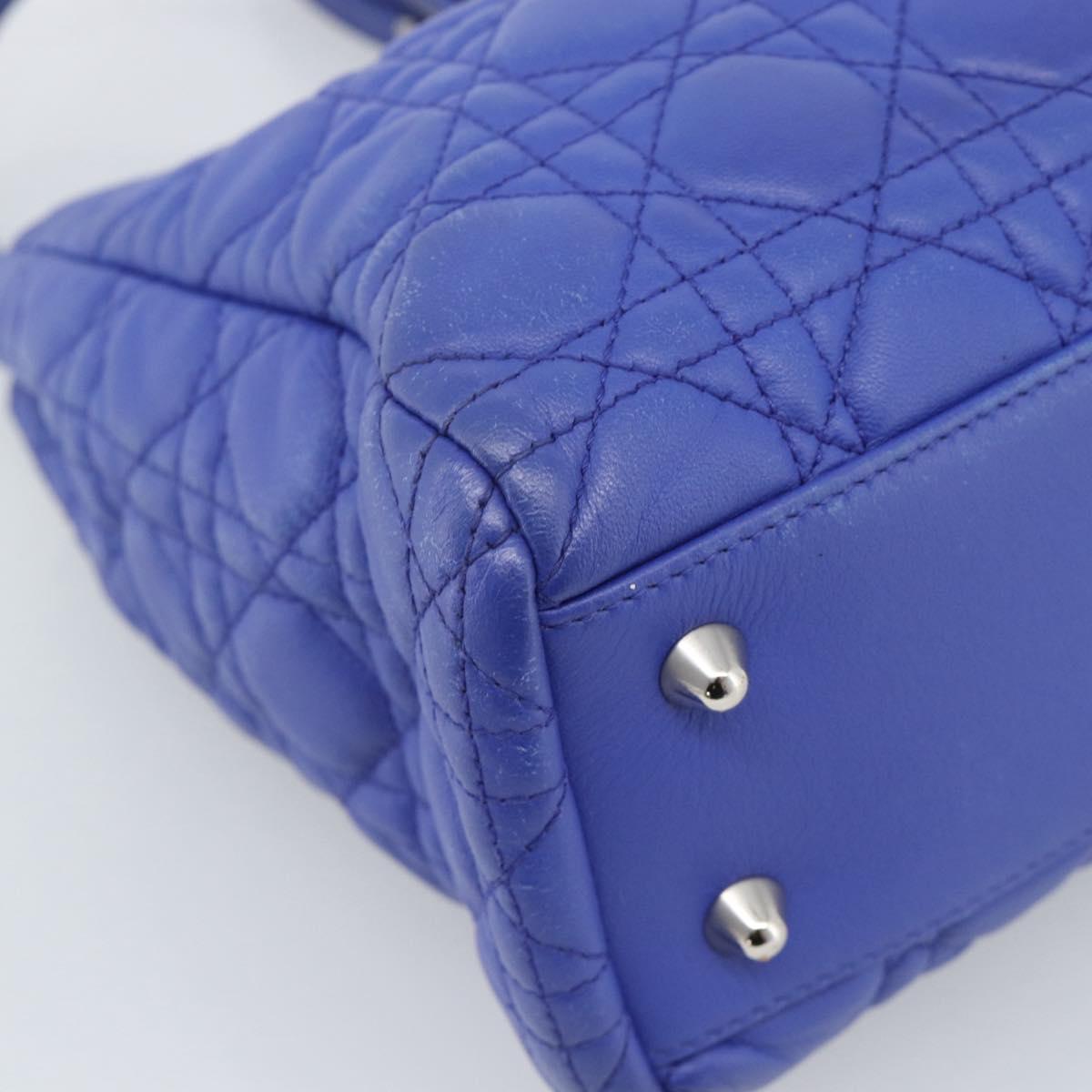 Christian Dior Canage Lady Dior Hand Bag Lamb Skin 2way Blue Silver Auth 185409V