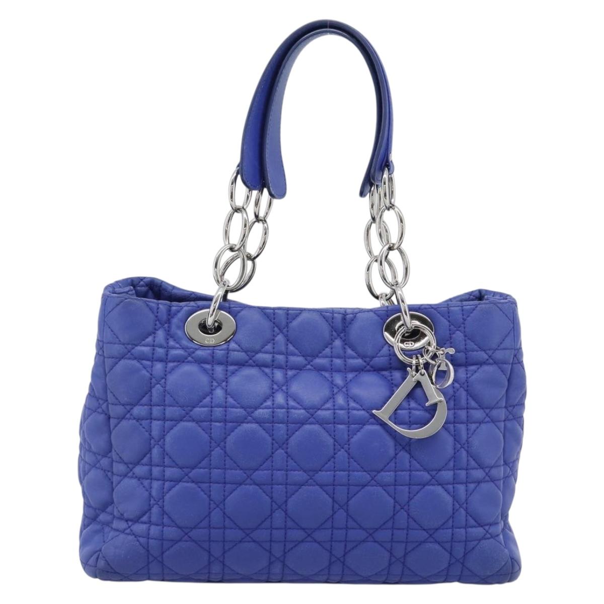 Christian Dior Canage Lady Dior Hand Bag Lamb Skin 2way Blue Silver Auth 185409V