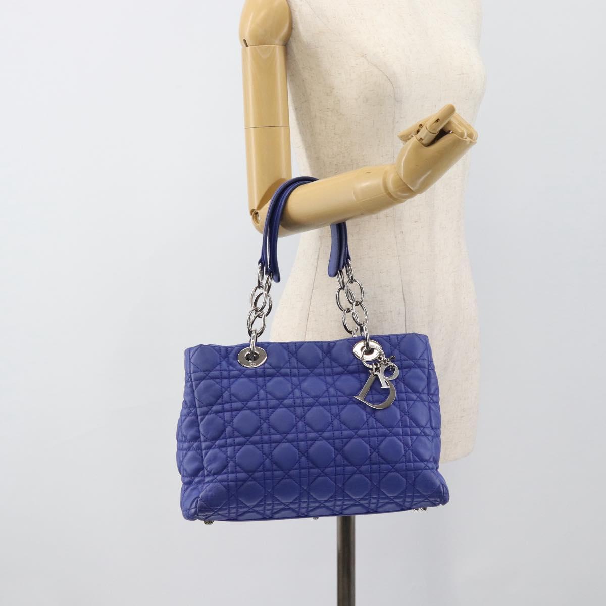 Christian Dior Canage Lady Dior Hand Bag Lamb Skin 2way Blue Silver Auth 185409V