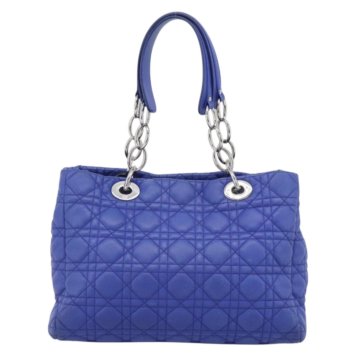 Christian Dior Canage Lady Dior Hand Bag Lamb Skin 2way Blue Silver Auth 185409V