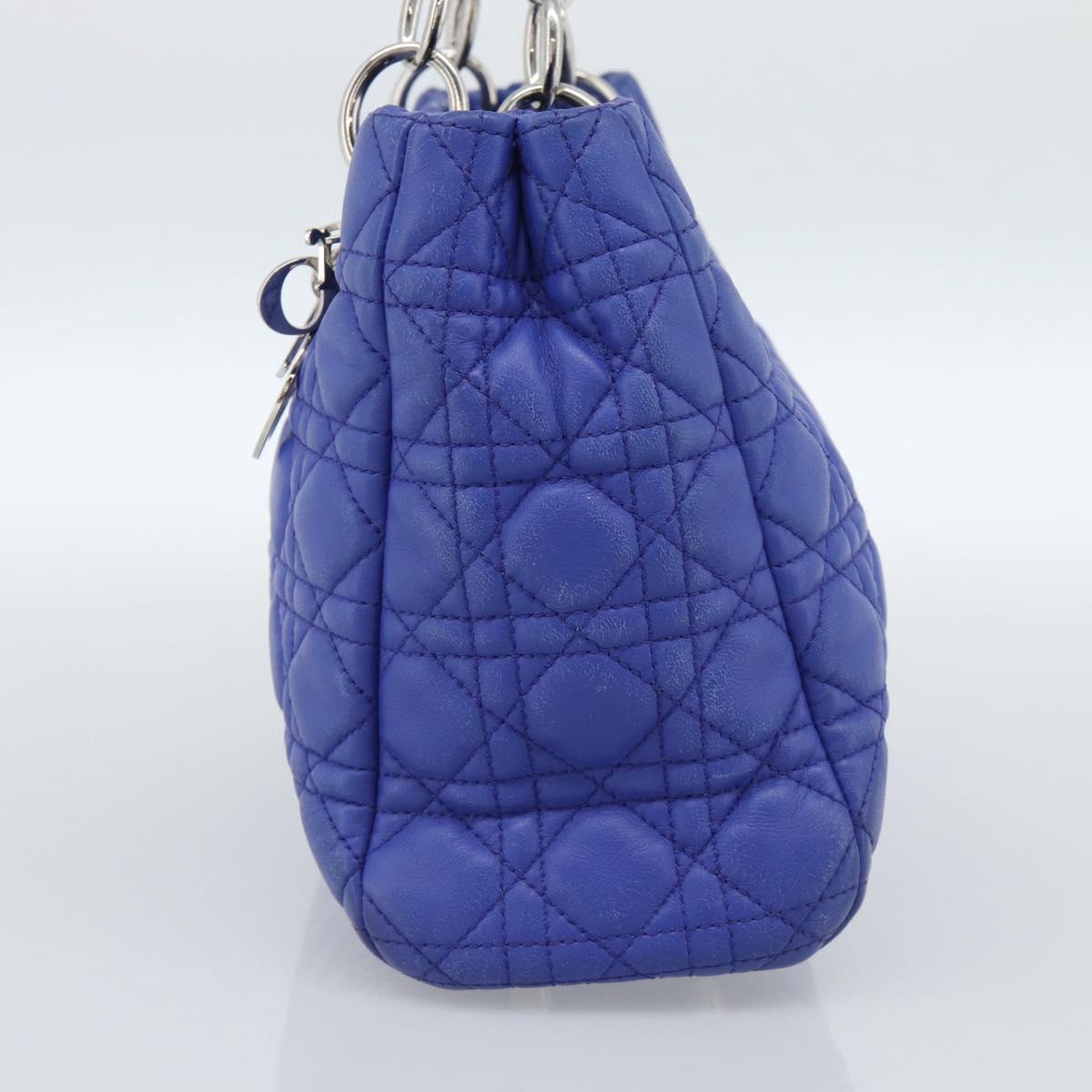 Christian Dior Canage Lady Dior Hand Bag Lamb Skin 2way Blue Silver Auth 185409V