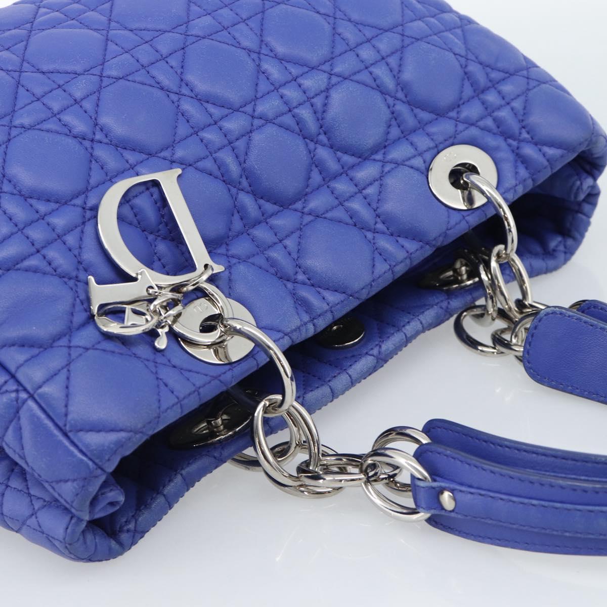 Christian Dior Canage Lady Dior Hand Bag Lamb Skin 2way Blue Silver Auth 185409V