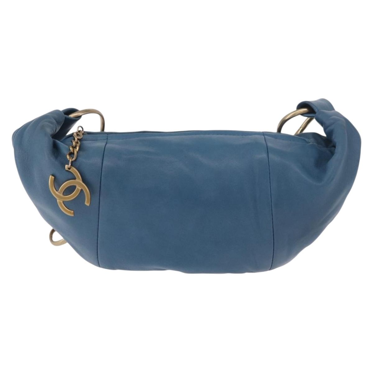 CHANEL Chain Shoulder Bag Lamb Skin Blue Gold CC Auth 185410SAM