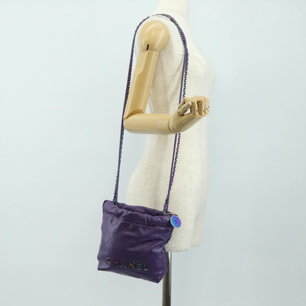 CHANEL Chanel 22 Mini Matelasse Chain Bag Calf Skin 2way Purple CC Auth 185411SM