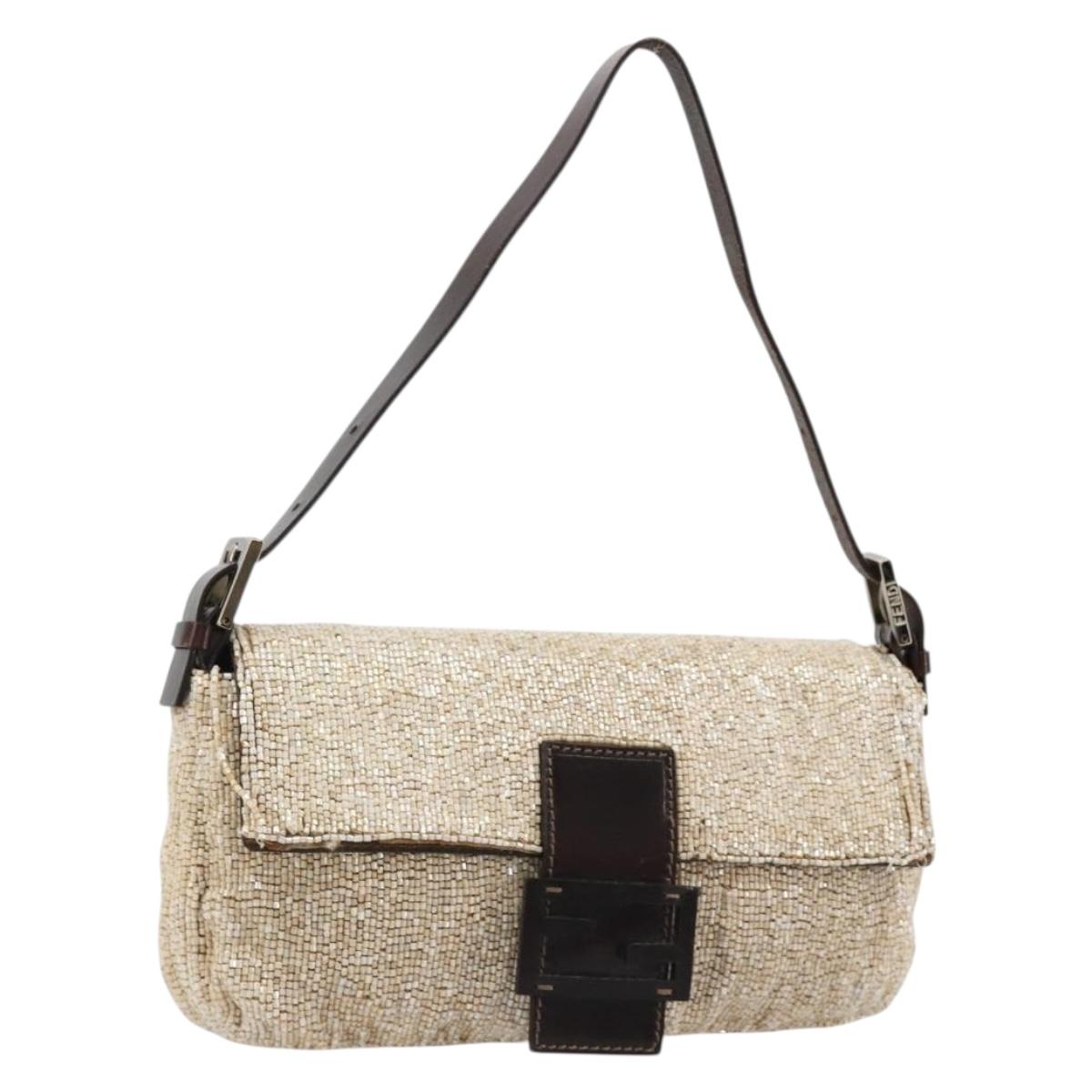 FENDI Mamma Baguette Shoulder Bag Beads Ivory Silver Auth 185413V