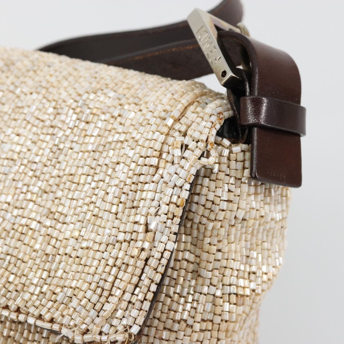 FENDI Mamma Baguette Shoulder Bag Beads Ivory Silver Auth 185413V