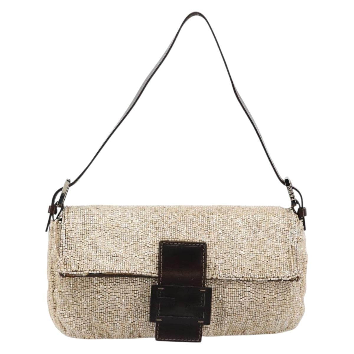 FENDI Mamma Baguette Shoulder Bag Beads Ivory Silver Auth 185413V