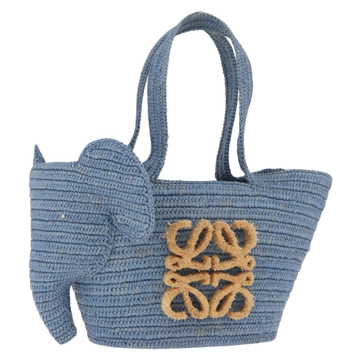 LOEWE Elephant Motif Hand Bag Raffia Light Blue Auth 185419SAM