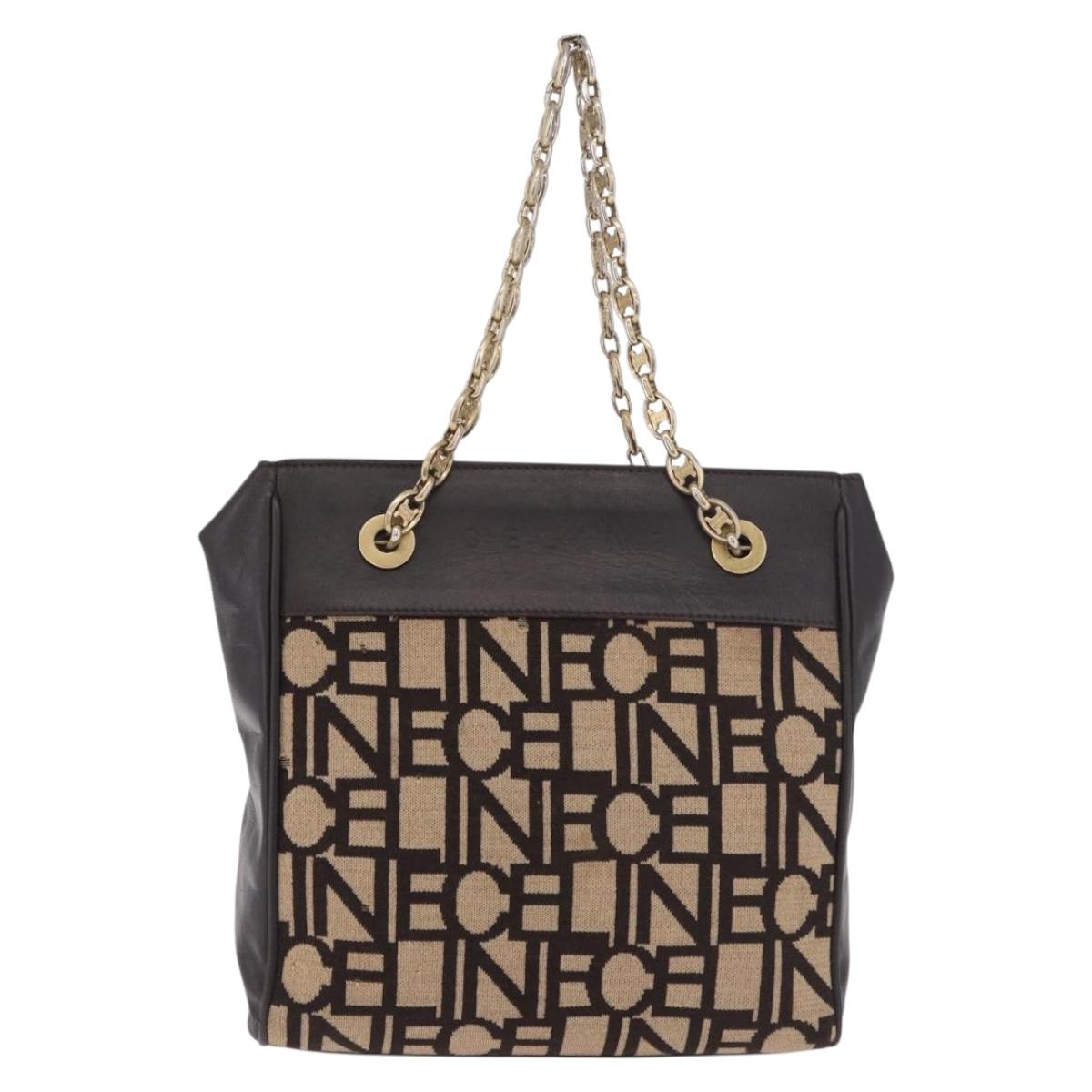 CELINE Chain Shoulder Bag Knitted Fabrics Beige Gold Auth 185422A