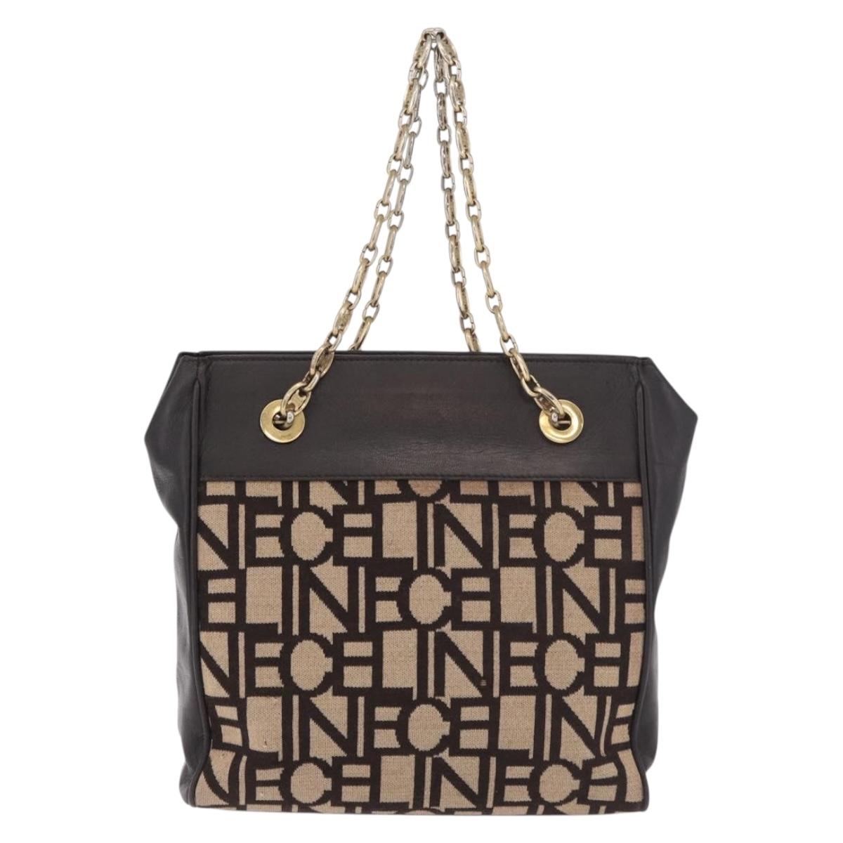 CELINE Chain Shoulder Bag Knitted Fabrics Beige Gold Auth 185422A