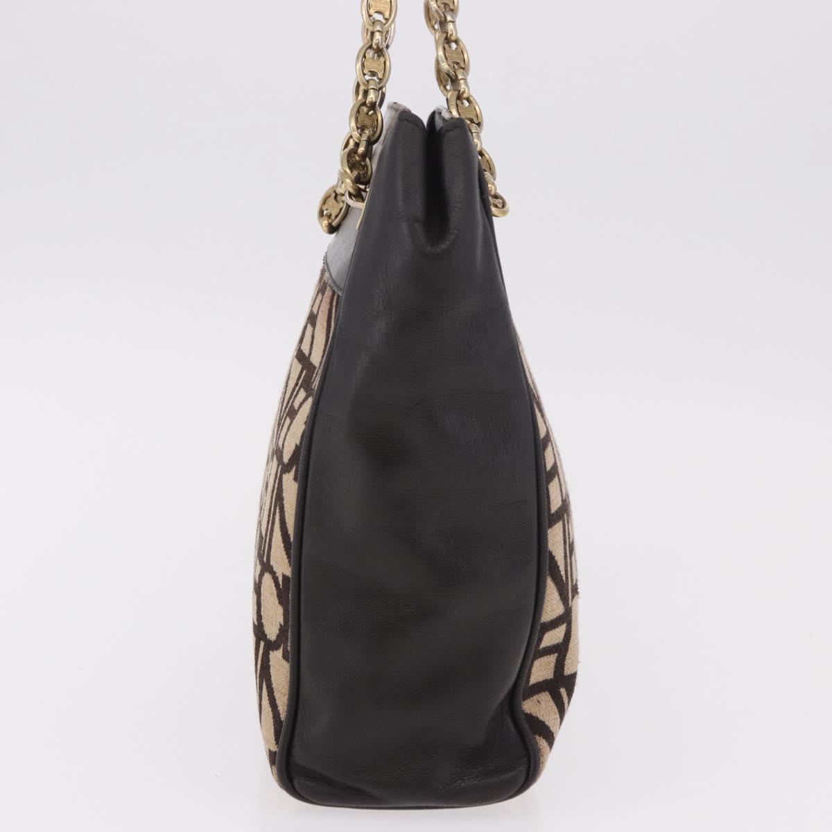 CELINE Chain Shoulder Bag Knitted Fabrics Beige Gold Auth 185422A