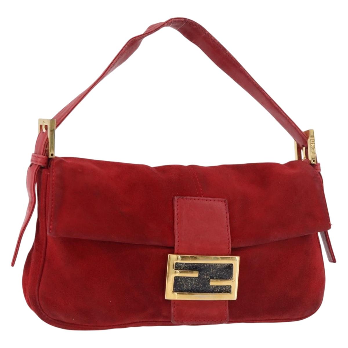 FENDI Mamma Baguette Shoulder Bag Suede Red Gold Auth 185429A
