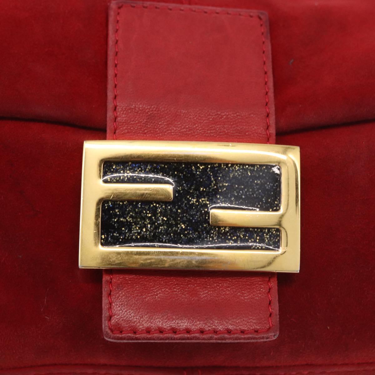 FENDI Mamma Baguette Shoulder Bag Suede Red Gold Auth 185429A