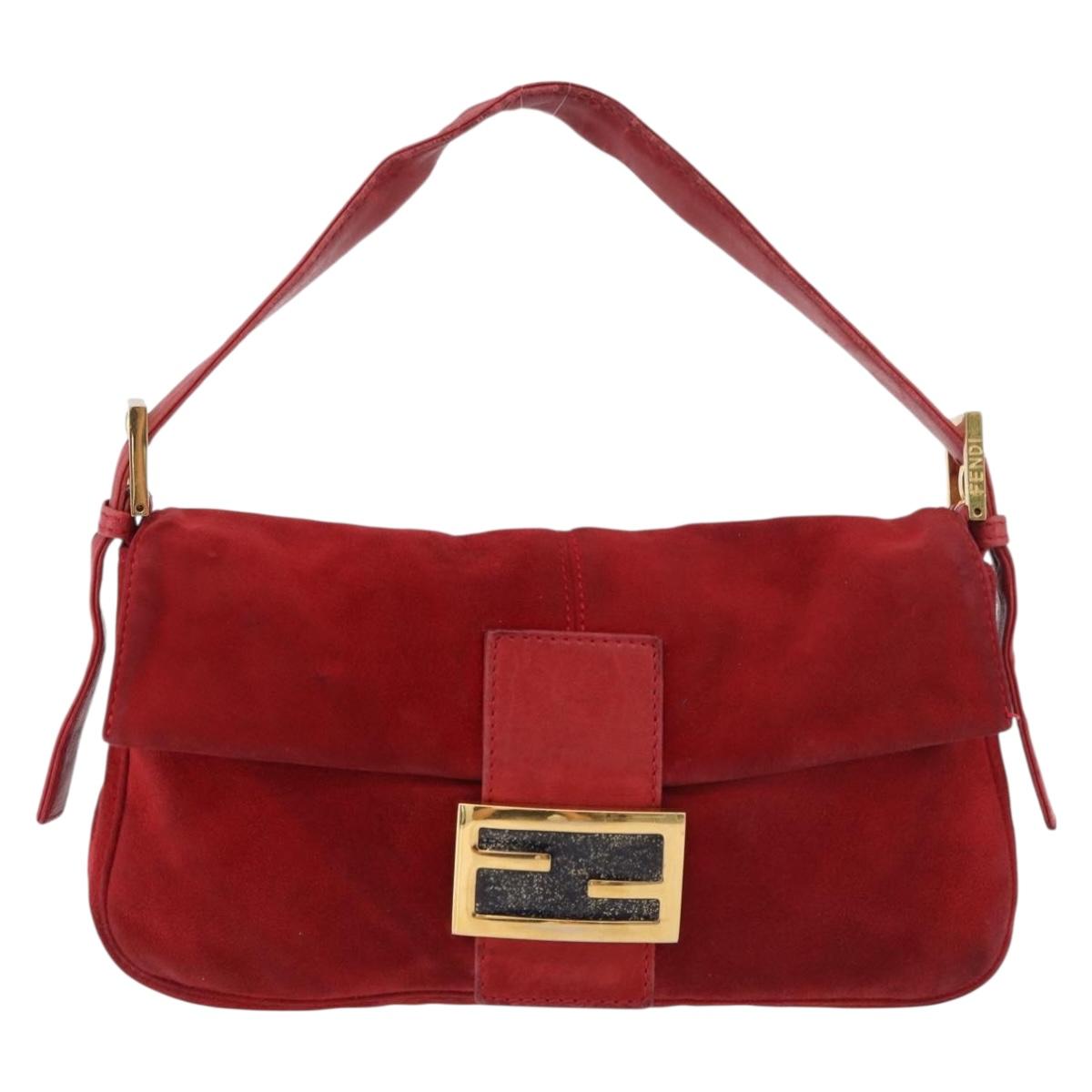 FENDI Mamma Baguette Shoulder Bag Suede Red Gold Auth 185429A