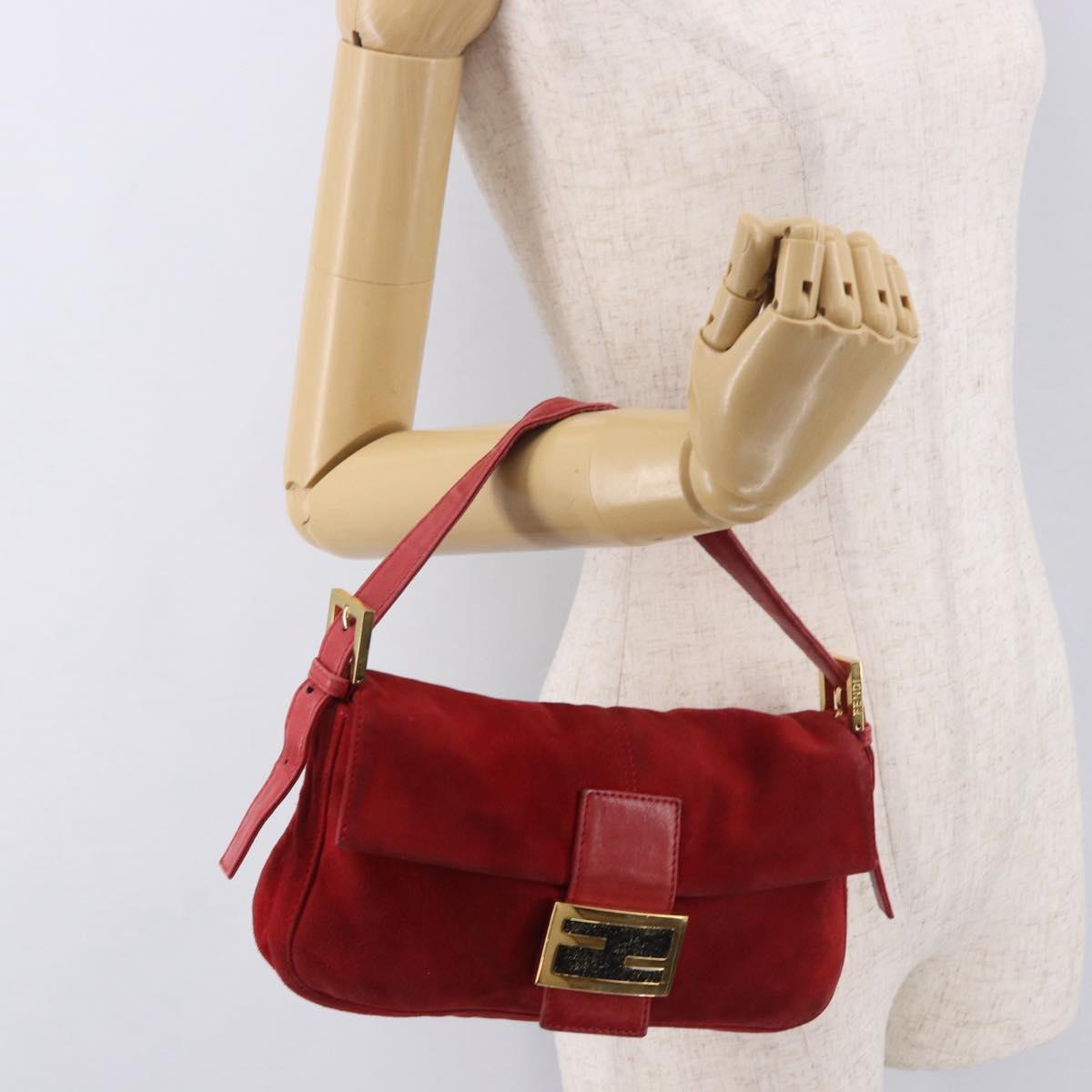 FENDI Mamma Baguette Shoulder Bag Suede Red Gold Auth 185429A