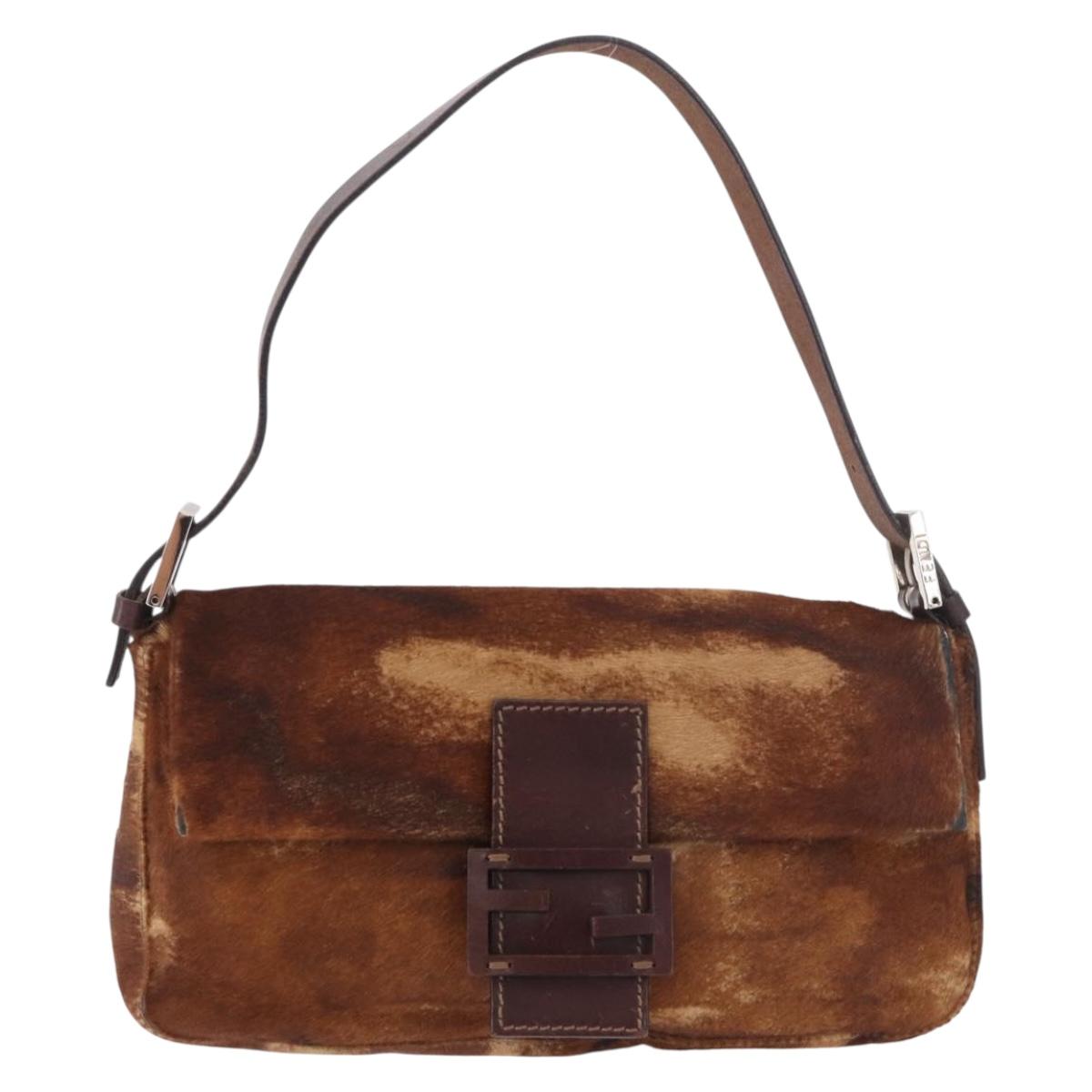 FENDI Mamma Baguette Shoulder Bag Harako leather Brown Silver Auth 185431SAV