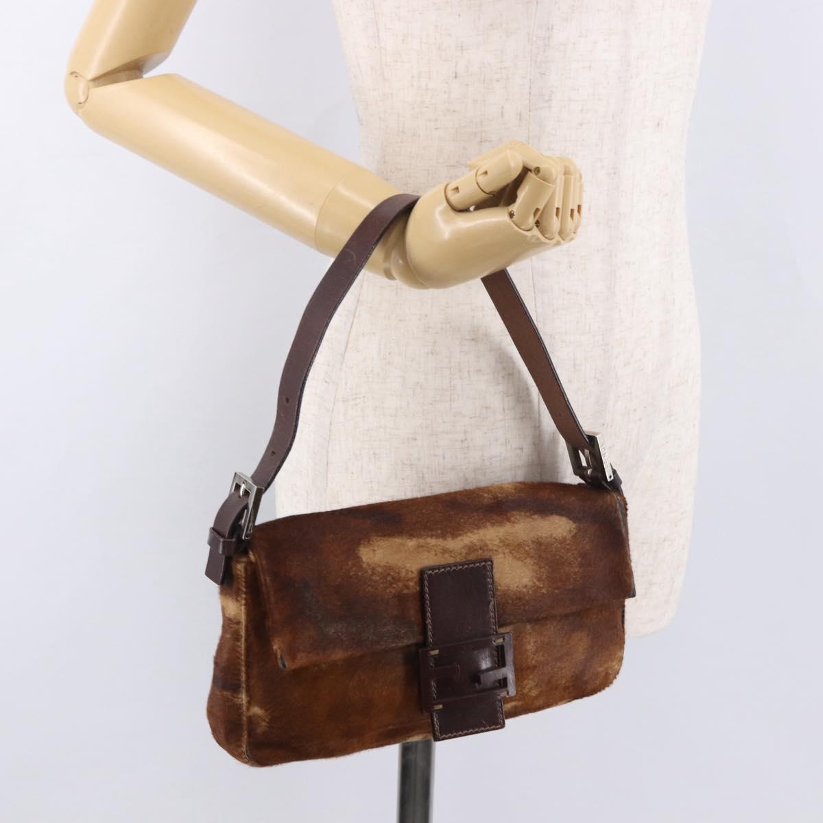 FENDI Mamma Baguette Shoulder Bag Harako leather Brown Silver Auth 185431SAV