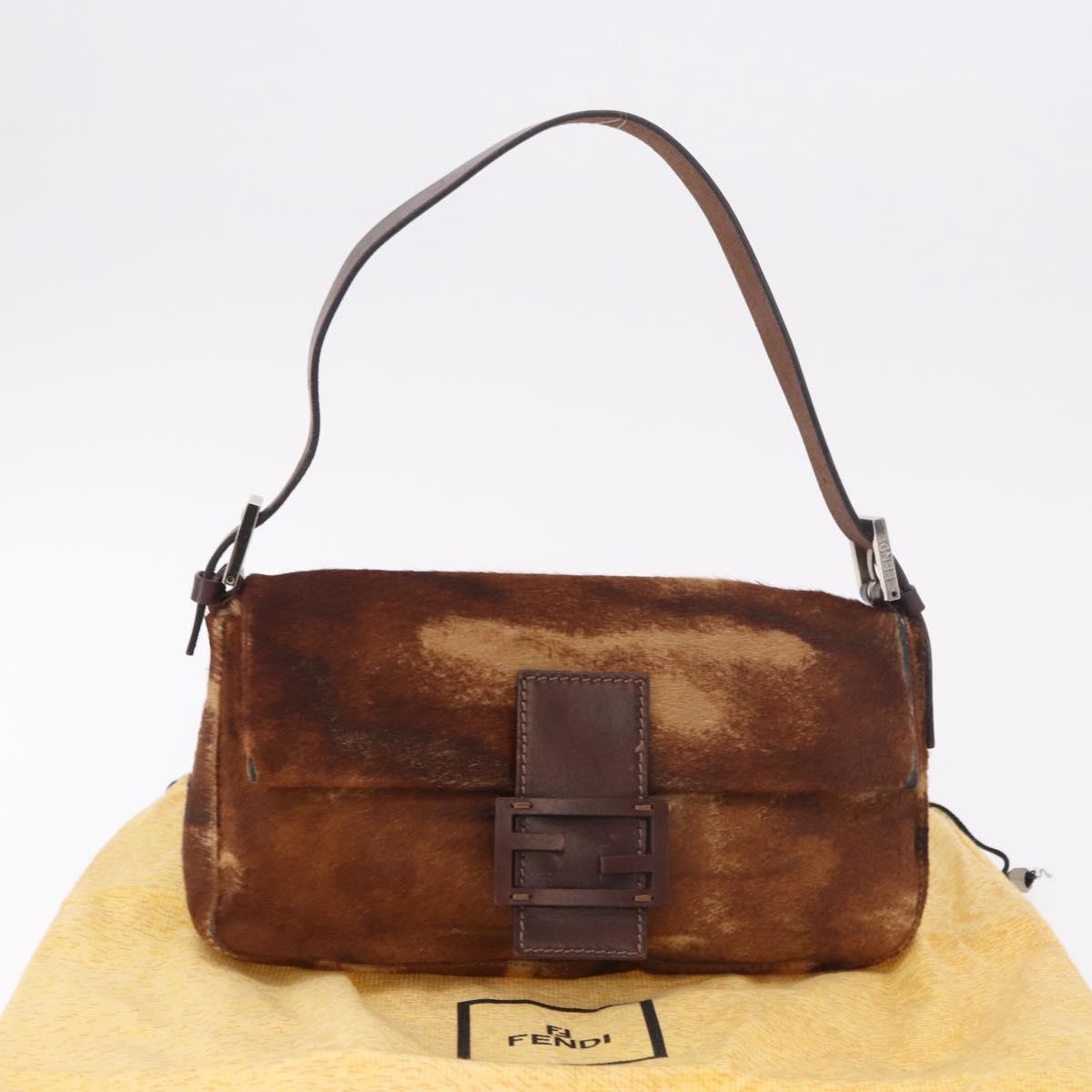 FENDI Mamma Baguette Shoulder Bag Harako leather Brown Silver Auth 185431SAV