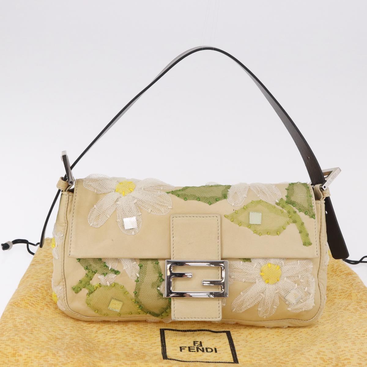 FENDI Mamma Baguette Shoulder Bag Leather Beige Silver Auth 185433SAV