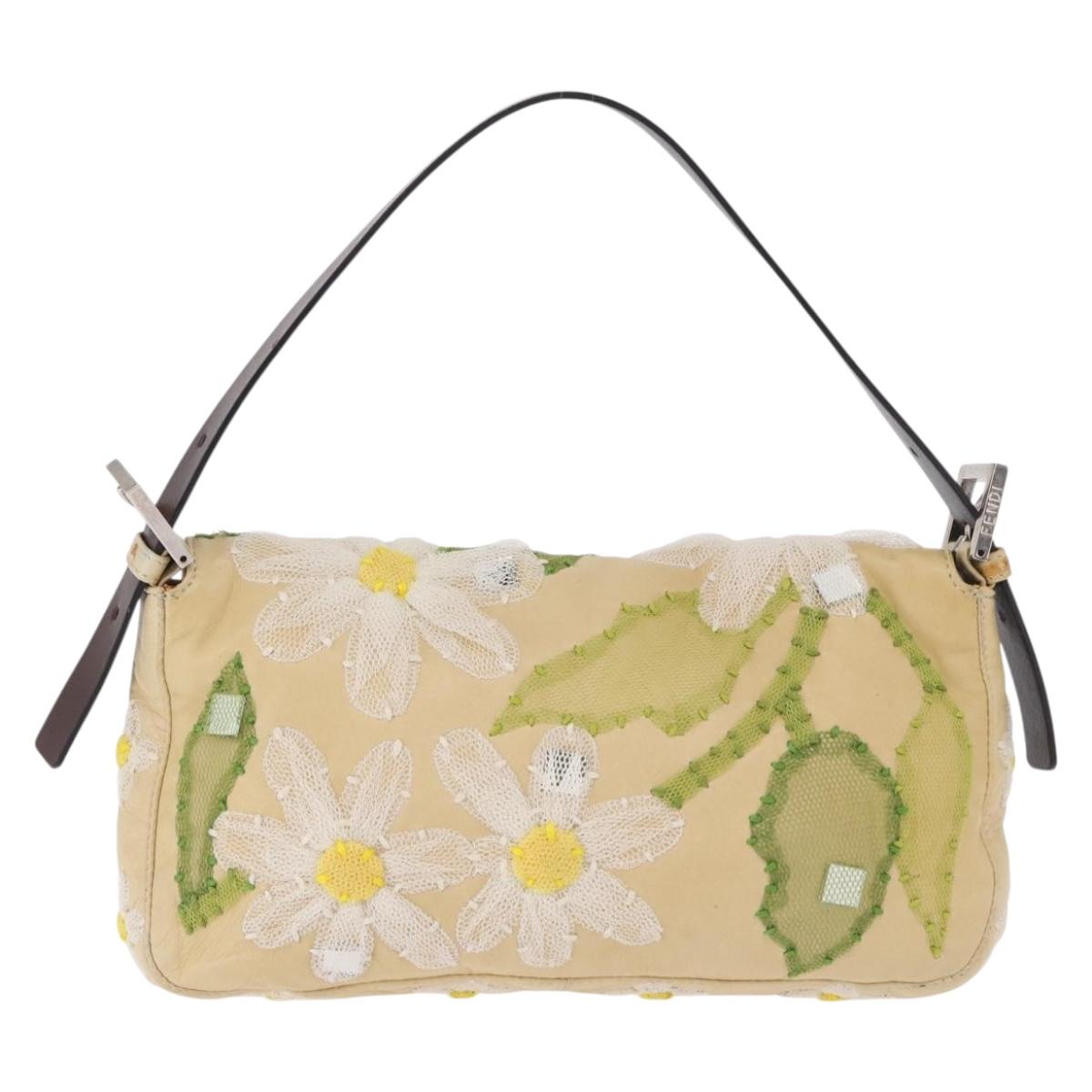 FENDI Mamma Baguette Shoulder Bag Leather Beige Silver Auth 185433SAV