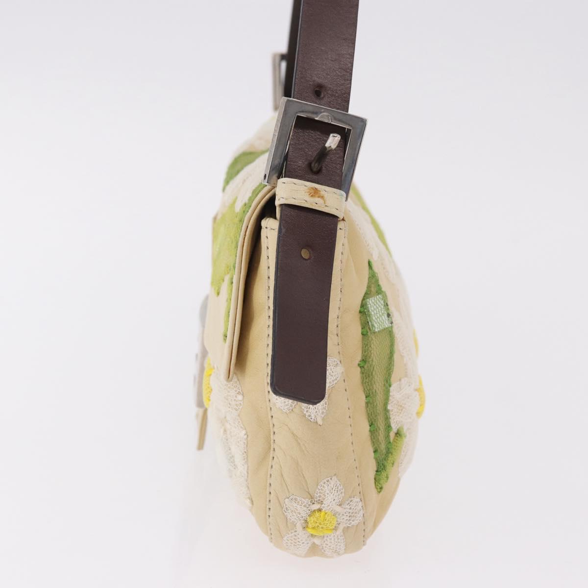 FENDI Mamma Baguette Shoulder Bag Leather Beige Silver Auth 185433SAV