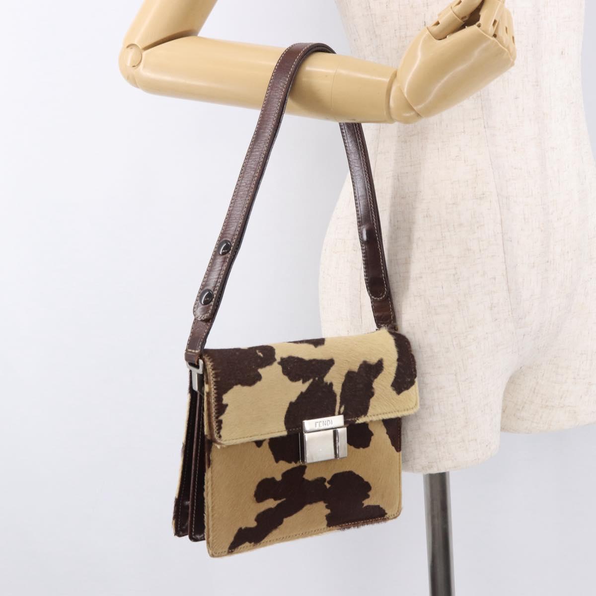 FENDI Shoulder Bag Harako Leather Beige Silver Auth 185436V