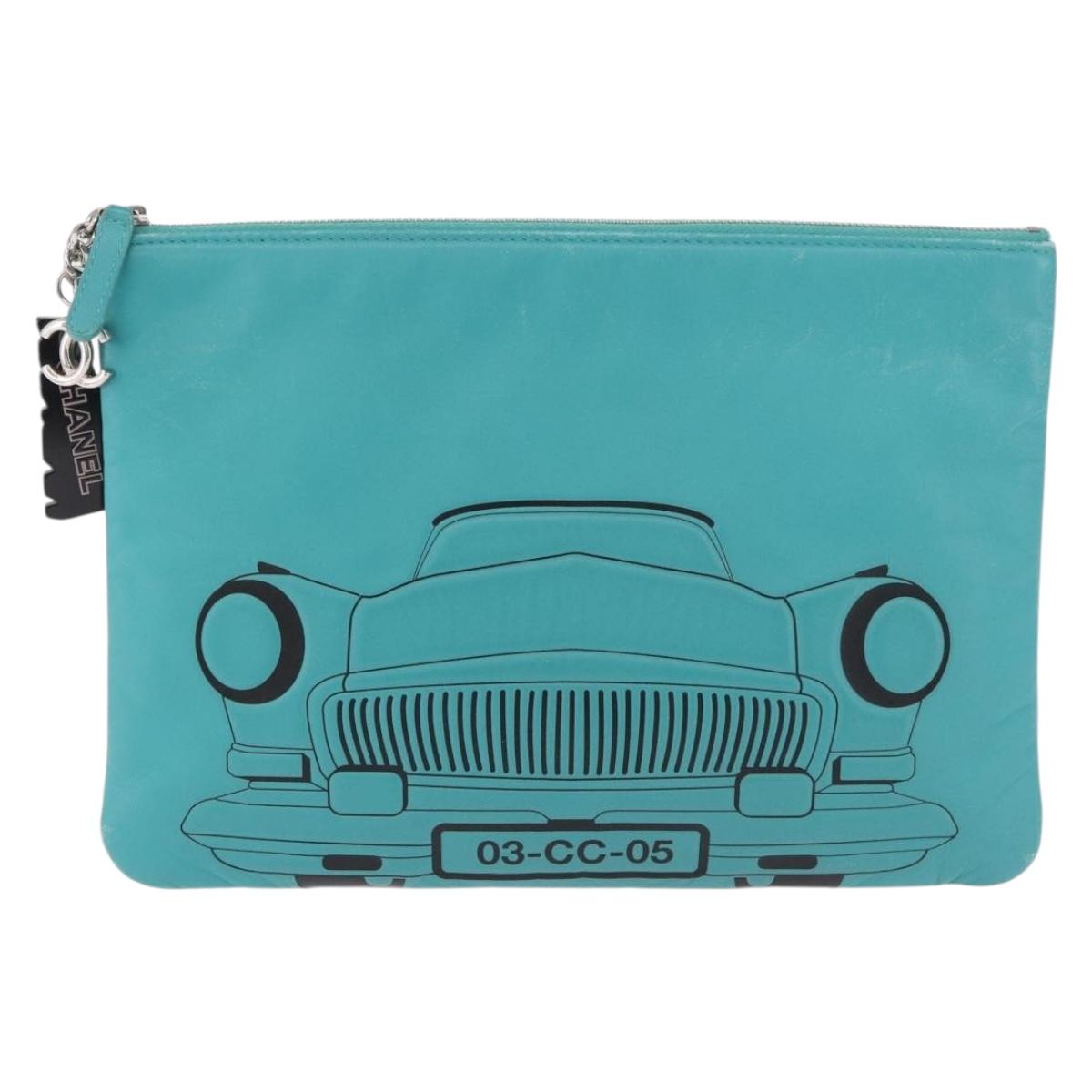 CHANEL Coco Havana Clutch Bag Lamb Skin Turquoise Blue Silver Auth 185438V