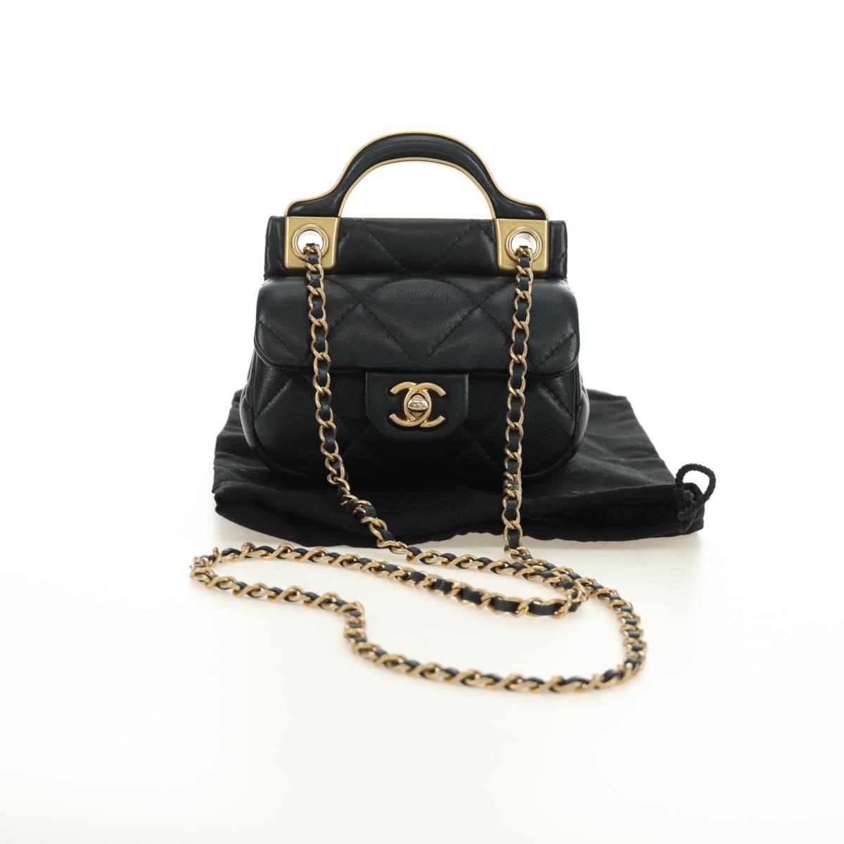 CHANEL Matelasse Chain Shoulder Pouch Lamb Skin 2way Black CC Auth 185439SAM