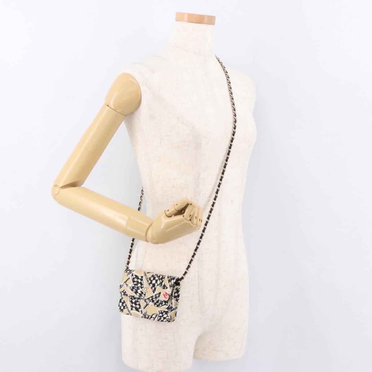 CHANEL Chain Shoulder Pouch Mini Matelasse 12 Satin Beige Gold CC Auth 185440M